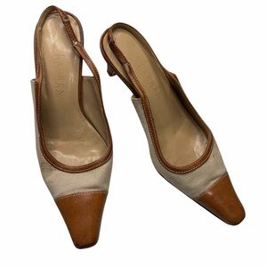 Ralph Lauren Vintage Sling Back Kitten Heels leather linen two tone size 7